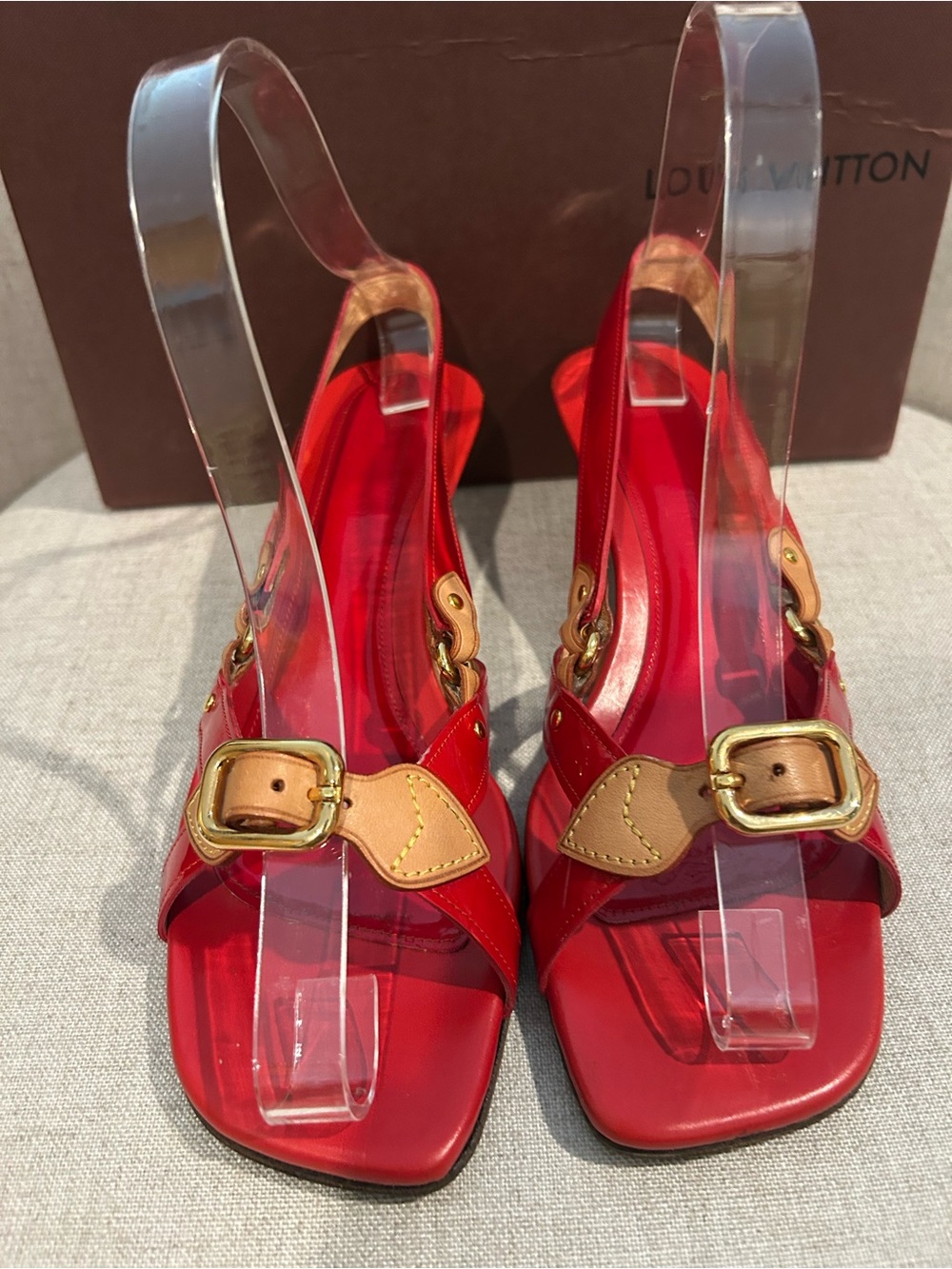 Louis Vuitton Patent Leather Red Slingback Sandals with Gold Accents - Picture 8 of 8